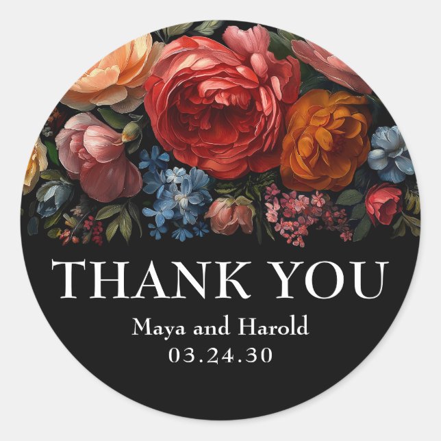 Black Floral Botanical Moody Dutch Thank You Classic Round Sticker (Front)