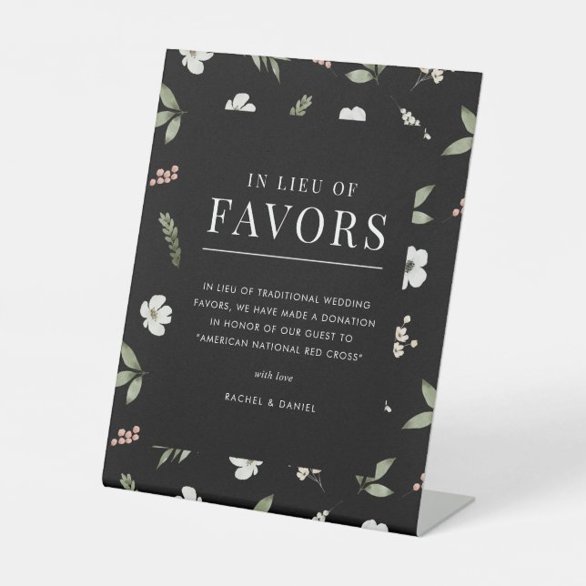 Black Floral Botanical Wedding In Lieu of Favours Pedestal Sign (Front)