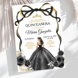 Black Floral Bow Princess Gold Crown Quinceañera Invitation
