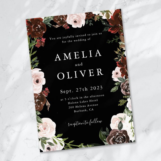 Black Floral Burgundy Blush Wedding Invitation (Creator Uploaded)