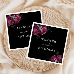 Black Floral Burgundy Peonies Wedding  Napkin