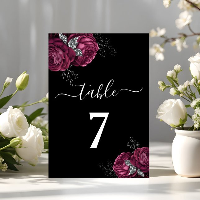 Black Floral Burgundy Peonies Wedding Table Number (Black Floral Burgundy Peonies Wedding Table Number)