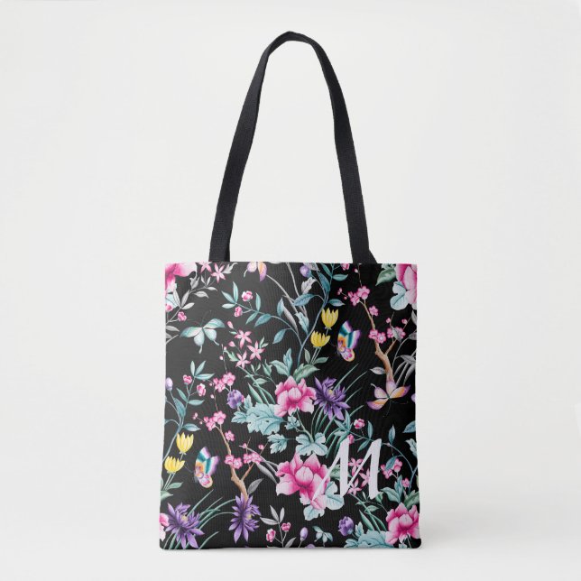 Black Floral & Butterfly Monogram Tote Bag (Front)