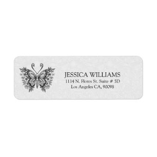 Black floral Butterfly On White Damasks Return Address Label