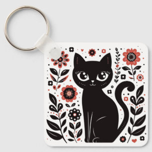 Black Floral Cat with Big Eyes Key Ring