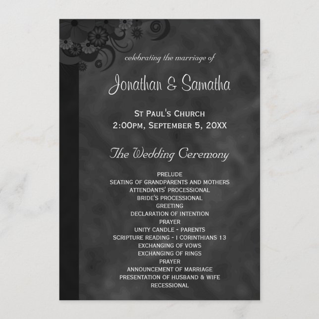 Black Floral Chalkboard Gothic Wedding Programs (Front)