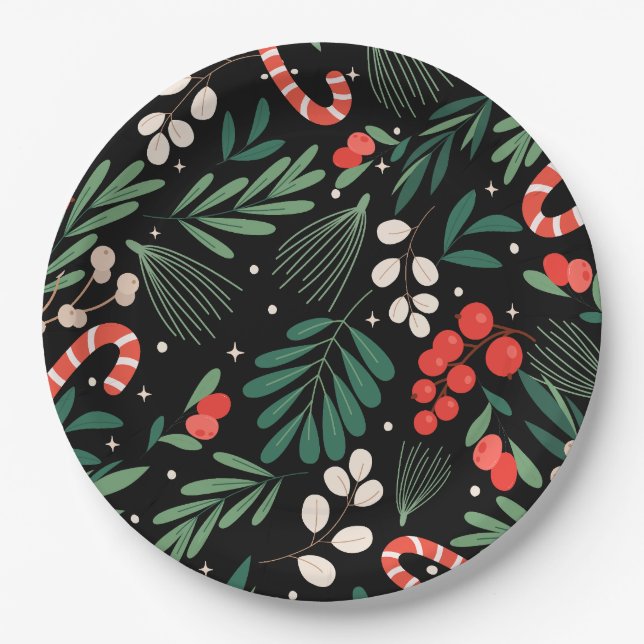 Black floral christmas  paper plate (Front)