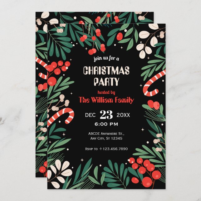 Black floral christmas party invitation (Front/Back)