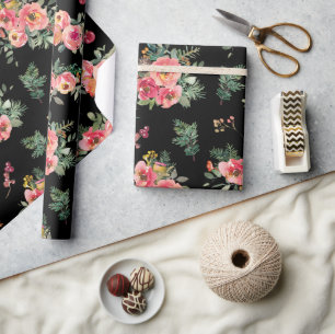 Black Floral Christmas Pattern Botanical Holiday Wrapping Paper