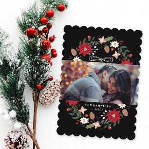 Black Floral Christmas Wreath Holiday Photo Card