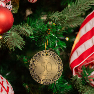 Black Floral Circle 50th Wedding Anniversary Ceramic Ornament