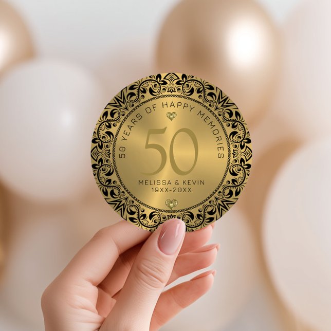 Black Floral Circle 50th Wedding Anniversary Classic Round Sticker (Creator Uploaded)