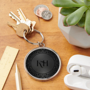 Black Floral Circle Iridescent Black Texture Key Ring