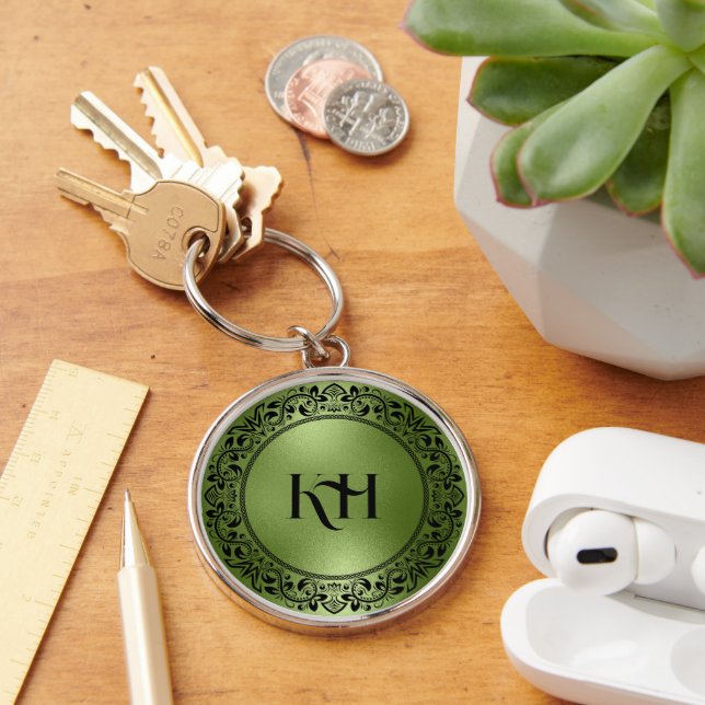 Black Floral Circle Iridescent Green Texture Key Ring (Desk)