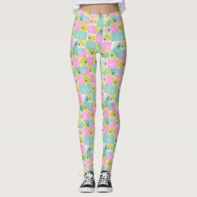 black Floral colourful Pastel chequerboard pattern Leggings (Front)