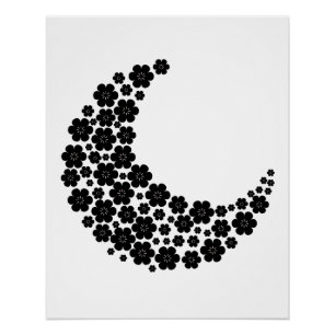 Black Floral Crescent Moon – Minimalist Boho Moon Poster