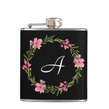 Black Floral Custom Monogram Flask