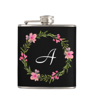 Black Floral Custom Monogram Flask