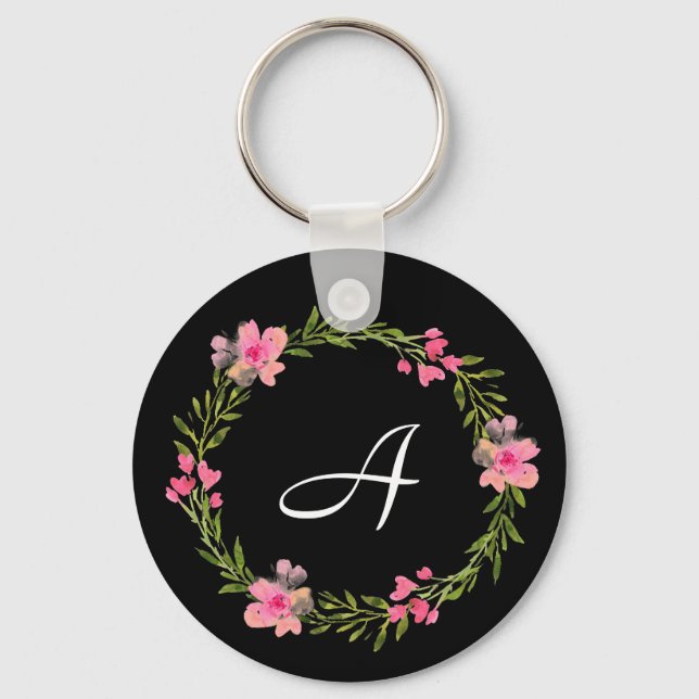 Black Floral Custom Monogram Keychain (Front)