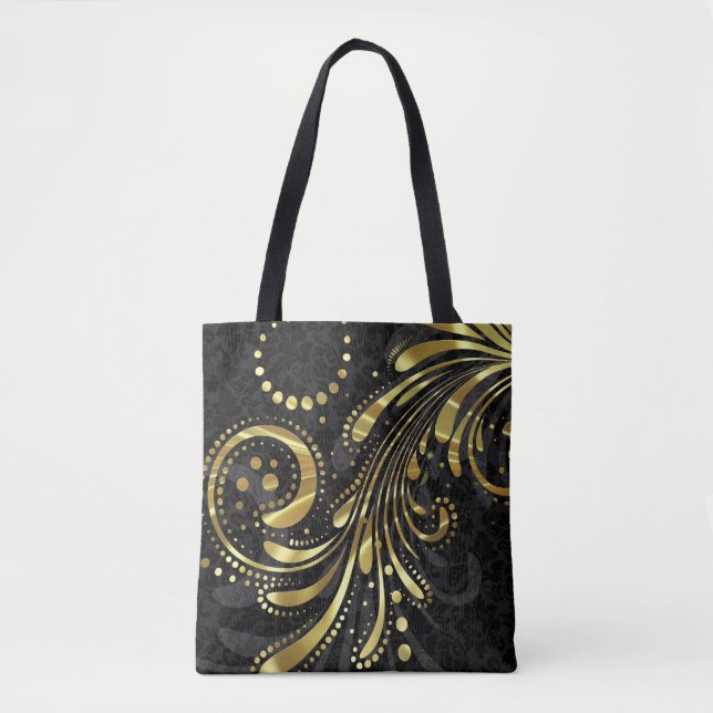 Black Floral Damask And Gold Swirl Tote Bag (Front)