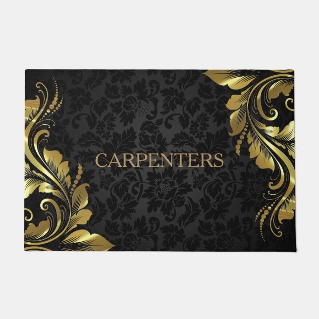Black Floral Damask And Metallic Gold Lace Doormat (Front)