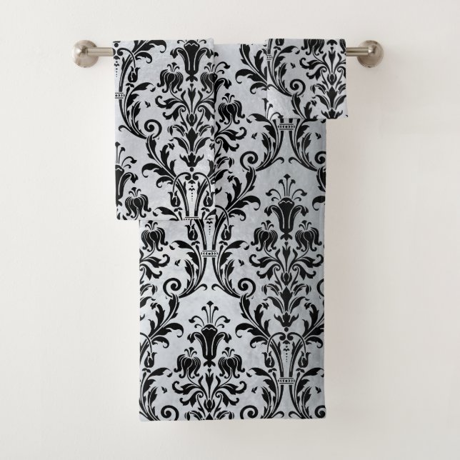 Black Floral Damask On Silver Bath Towel Set (Insitu)