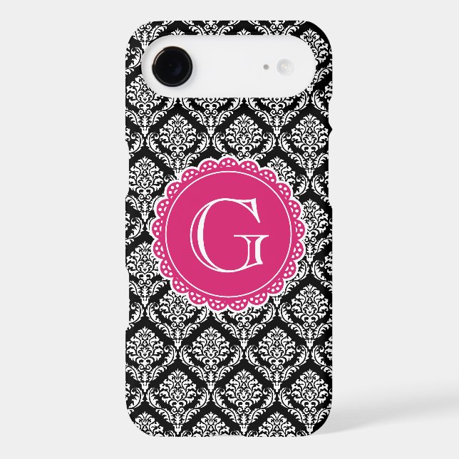 Black Floral Damask Pattern Hot Pink Monogram Case-Mate iPhone Case (Back)