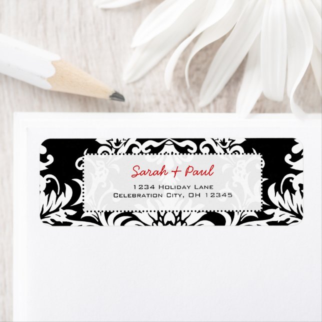 Black Floral Damask Red Font Return Address Label (Insitu)