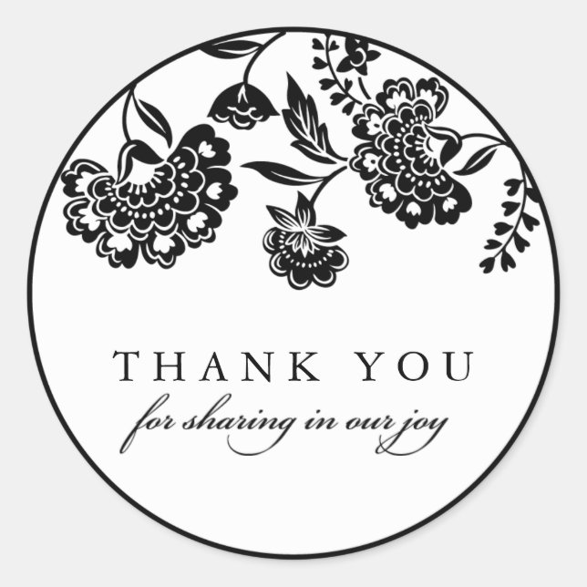 black floral damask thank you sticker (Front)