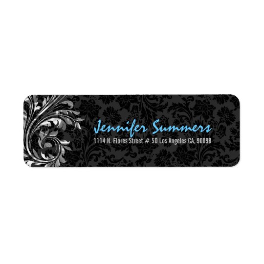 Black Floral Damasks Metallic Silver Floral Swirl Return Address Label