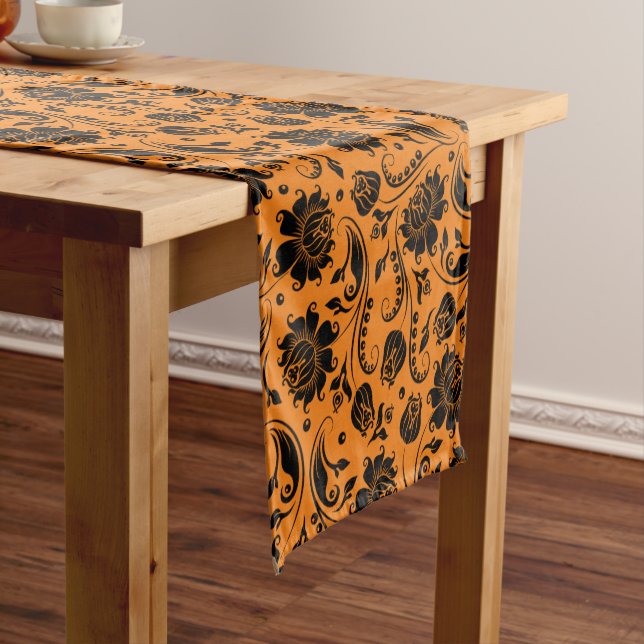 Black Floral Damasks On Orange Background Short Table Runner (In Situ)
