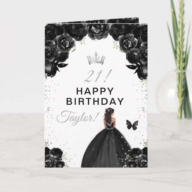 Black Floral Dark Skin Girl Happy Birthday Card (Front)