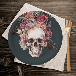 Black floral death, gothic birthday  paper plate