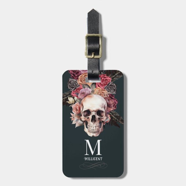 Black floral death, gothic party  luggage tag (Front Vertical)
