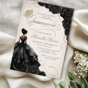 Black Floral Dress Quinceañera Invitation