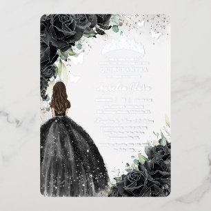 Black Floral Dress Quinceañera Sweet 16 XV Silver