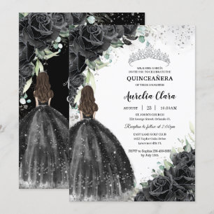 Black Floral Dress Silver Quinceañera Sweet 16 XV Invitation