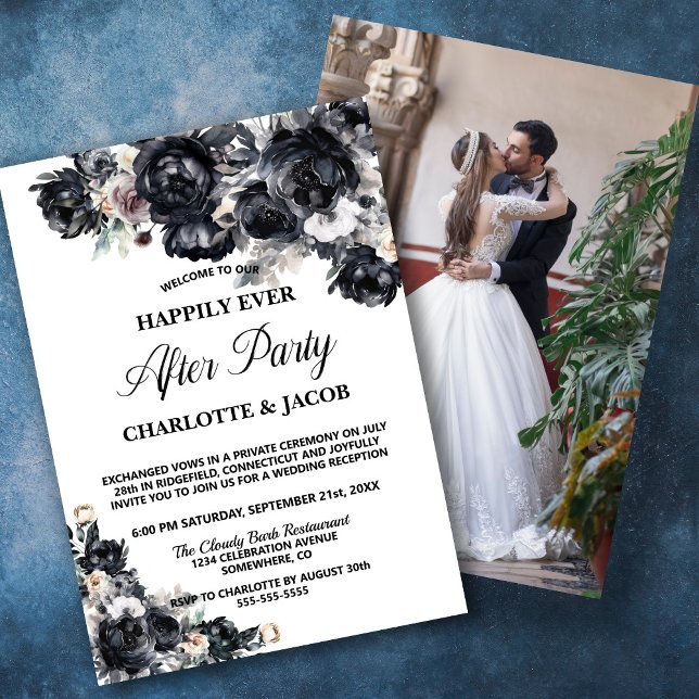 Black Floral Elopement Photo Wedding Reception Invitation (Creator Uploaded)