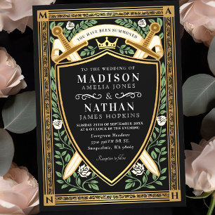 Black Floral Fantasy Sword Shield Monogram Wedding Invitation