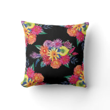 Black Floral Fiesta Mexican Flower Throw Pillow