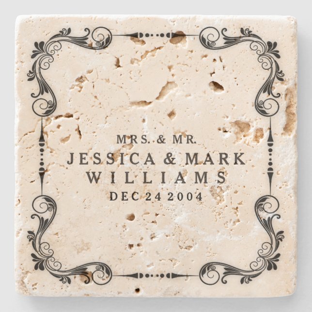 Black Floral Frame Customisable Wedding Gift Stone Coaster (Front)
