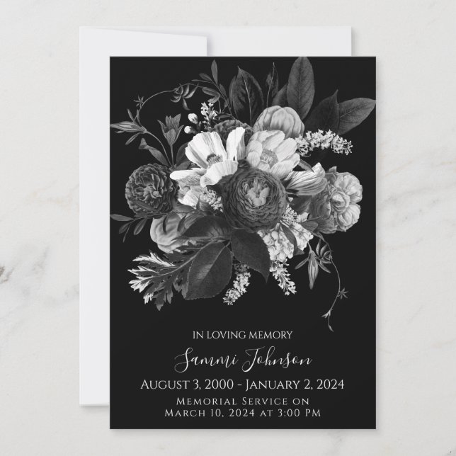 Black Floral Funeral Memorial Announcment Invitation (Front)