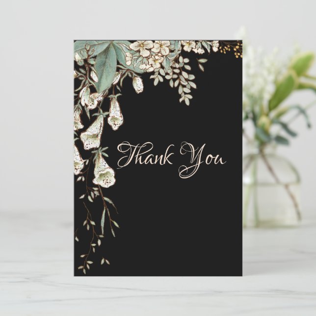 Black Floral Garland Script Elegant Wedding Thank You Card (Standing Front)