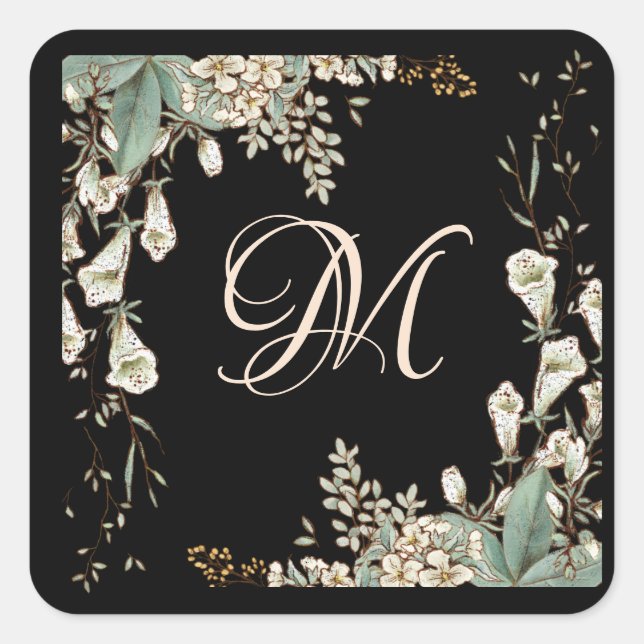Black Floral Garland Script Monogram Elegant Square Sticker (Front)