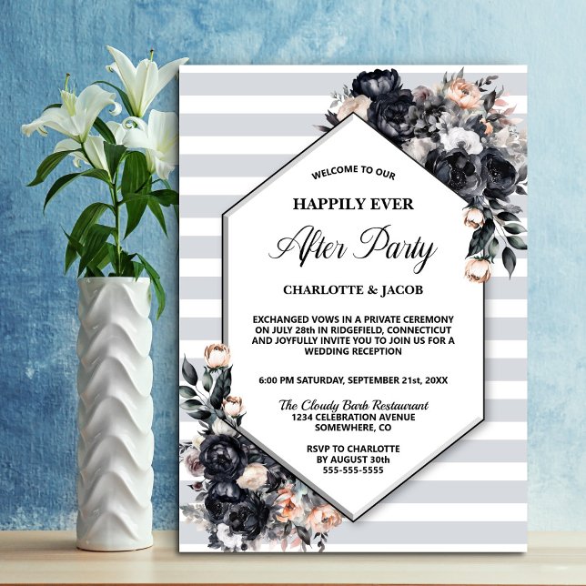Black Floral Geometric Striped Wedding After Party Invitation (Creator Uploaded)