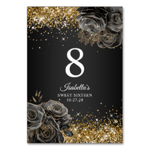 Black Floral Glam Gold Glitter Sweet Sixteen Table Number
