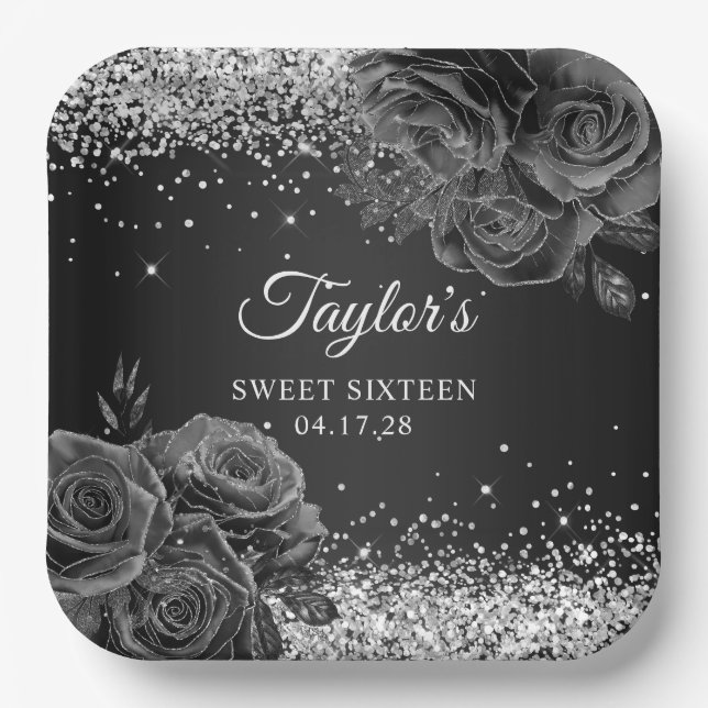 Black Floral Glam Silver Glitter Sweet Sixteen Paper Plate (Front)