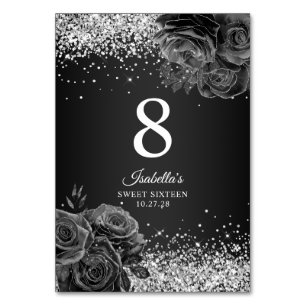 Black Floral Glam Silver Glitter Sweet Sixteen Table Number