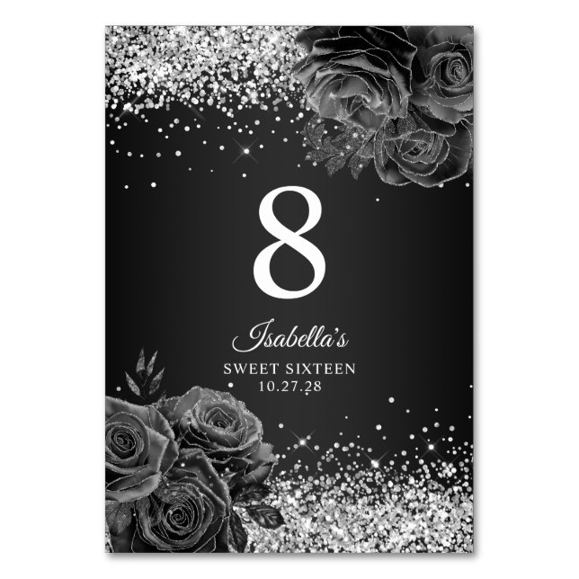 Black Floral Glam Silver Glitter Sweet Sixteen Table Number (Front)