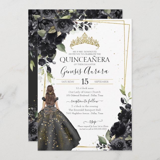 Black Floral Gold Accent Elegant Quinceanera Invit Invitation (Front/Back)
